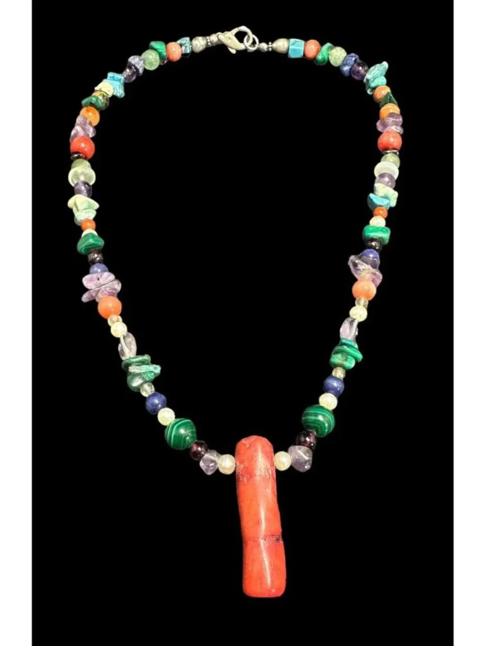 Southwestern Multi Gemstone Beaded Necklace 925 Clasp Coral Statement Pendant